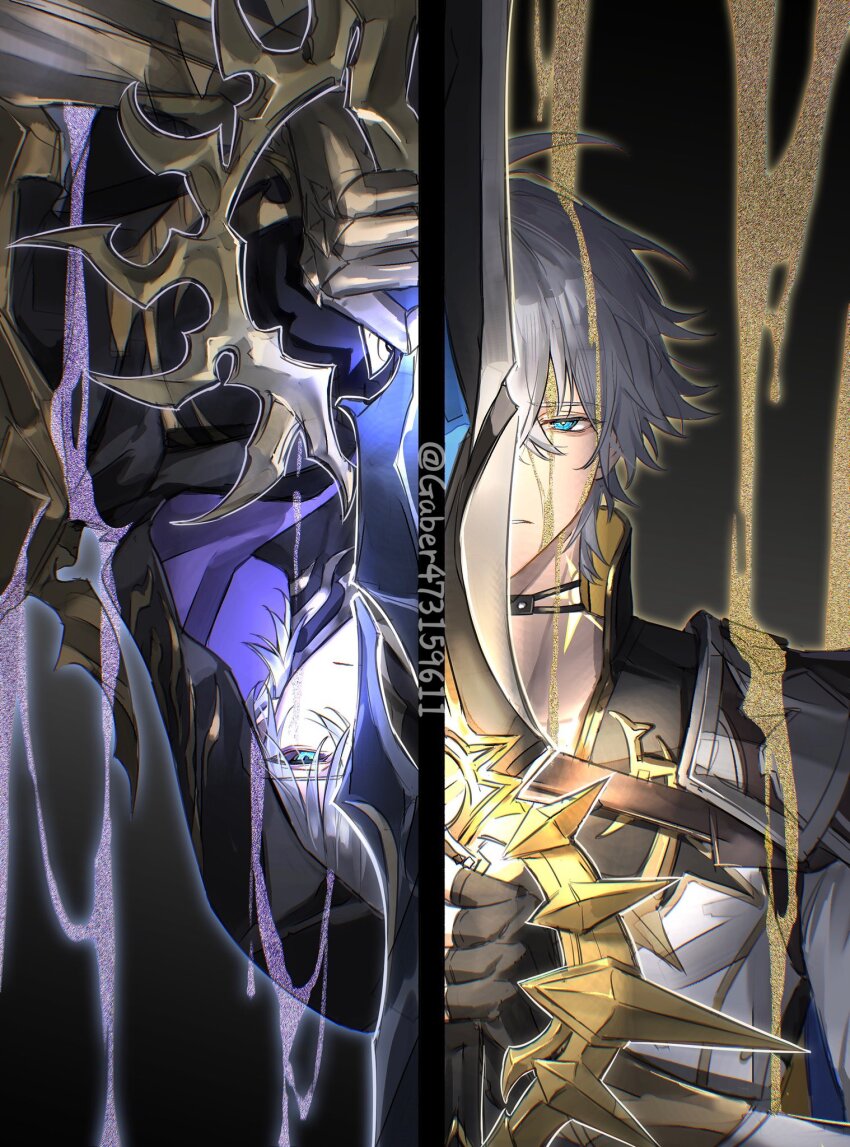 2boys ahoge artist_name black_choker black_coat black_gloves black_sclera black_shirt blue_eyes choker closed_mouth coat collared_shirt colored_sclera commentary_request crossed_bangs dark_persona dripping fingerless_gloves flame_reaver_of_the_deepest_dark frown gaber473159611 gauntlets gloves hair_between_eyes hand_up highres holding holding_sword holding_weapon honkai:_star_rail honkai_(series) hood hood_up hooded_coat liquid_gold long_sleeves looking_at_viewer male_focus multiple_boys neck_tattoo one_eye_covered parted_lips phainon_(honkai:_star_rail) shirt short_hair sun_symbol sun_tattoo sword tan tattoo twitter_username upper_body upside-down weapon white_coat white_hair