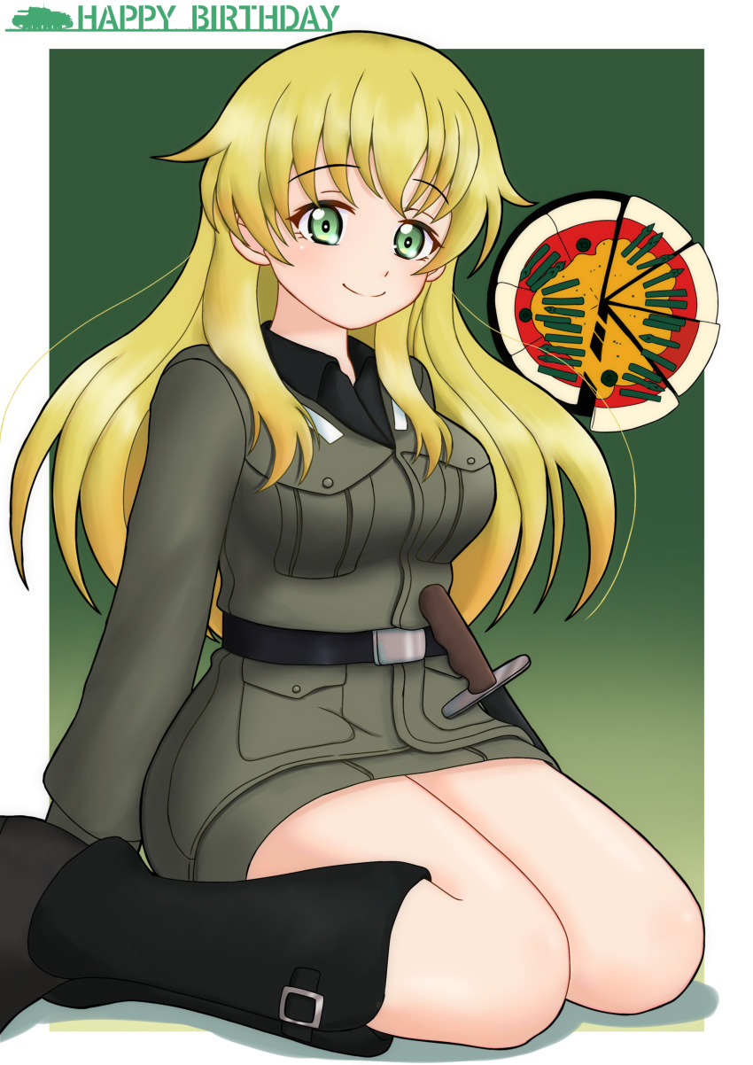 1girl absurdres amanone_yun anzio_(emblem) anzio_military_uniform belt birthday black_belt black_shirt blonde_hair boots carpaccio_(girls_und_panzer) closed_mouth commentary dress_shirt emblem english_text full_body girls_und_panzer green_background green_eyes grey_jacket grey_skirt happy_birthday highres jacket knife long_hair long_sleeves looking_at_viewer military_uniform miniskirt shirt sitting skirt smile solo wariza wing_collar