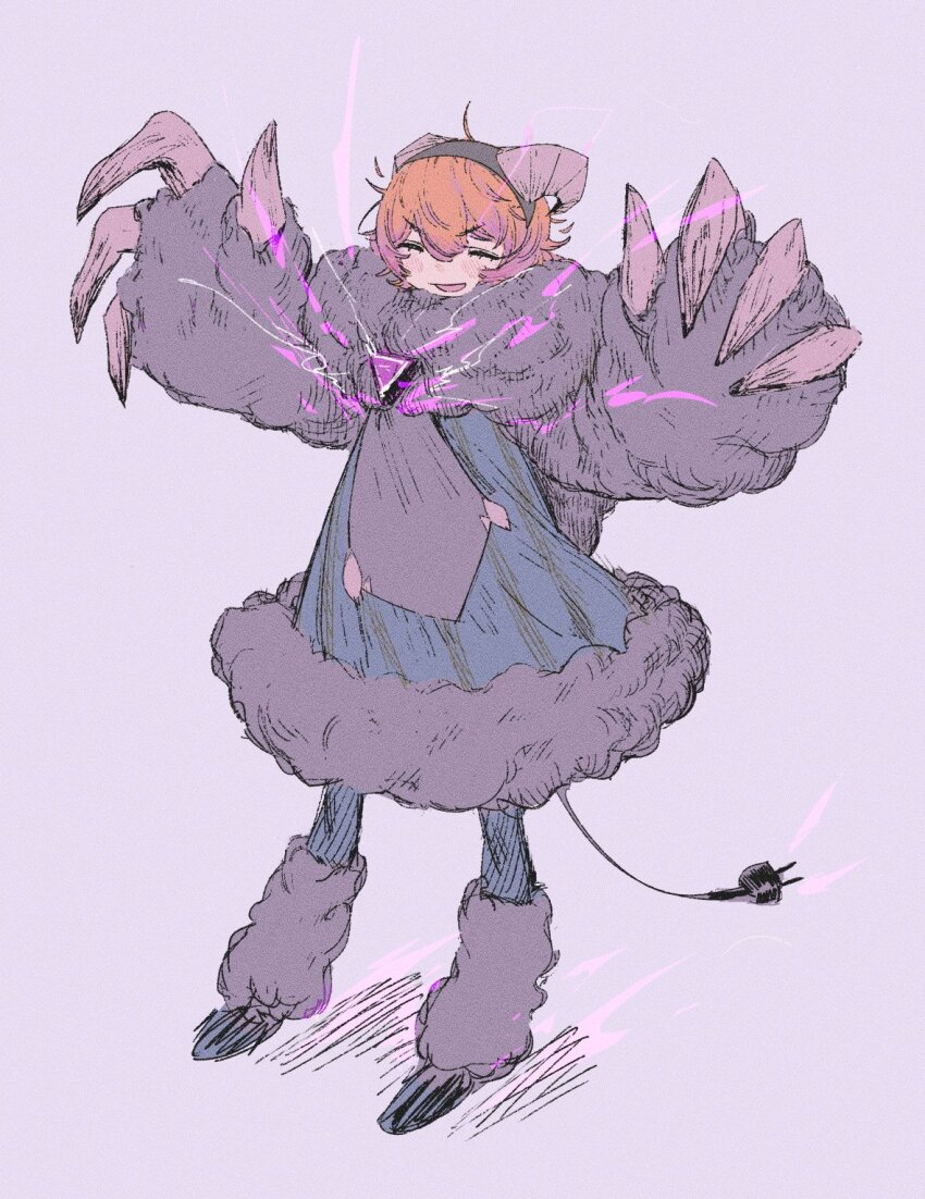 1girl black_hairband blonde_hair claws closed_eyes don_quixote_(project_moon) dress e.g.o_(project_moon) electric_plug electric_plug_tail electric_screaming_(e.g.o) electricity fur-trimmed_dress fur_trim hairband hands_up highres horns limbus_company open_mouth project_moon purple_dress smile tail wenli