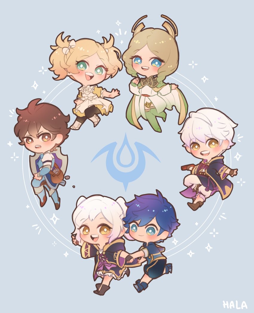 3boys 3girls :d absurdres armor artist_name black_robe blonde_hair blue_eyes blue_hair blush bright_pupils brown_eyes brown_hair chibi chrom_(young)_(fire_emblem) chrom_(fire_emblem) colored_tips commentary emmeryn_(young)_(fire_emblem) emmeryn_(fire_emblem) english_commentary female_robin_(fire_emblem) fire_emblem fire_emblem_awakening fire_emblem_heroes frederick_(young)_(fire_emblem) frederick_(fire_emblem) gold_trim green_eyes halapokok highres holding holding_shield lissa_(young)_(fire_emblem) lissa_(fire_emblem) long_hair male_robin_(fire_emblem) medium_hair multicolored_hair multiple_boys multiple_girls nintendo official_alternate_costume open_mouth robe female_robin_(young)_(fire_emblem) male_robin_(young)_(fire_emblem) shield smile sparkle teeth tiara upper_teeth_only white_hair white_pupils