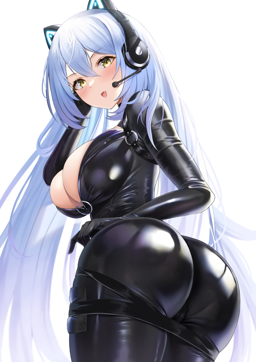 1girl animal_ear_headphones arkhangelsk_(azur_lane) arkhangelsk_(grandiose_getaway)_(azur_lane) ass azur_lane biker_clothes blush bodysuit breasts cleavage fake_animal_ears futon_fly_away headphones highres large_breasts long_hair looking_at_viewer official_alternate_costume open_mouth silver_hair simple_background solo twisted_torso very_long_hair white_background yellow_eyes