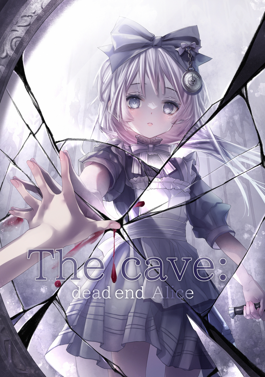 1girl absurdres apron black_bow blood_on_mirror bow bowtie broken_mirror commentary_request cowboy_shot crack cracked_glass dress english_text grey_bow grey_bowtie grey_dress grey_eyes grey_hair hair_bow hand_on_mirror hane_segawa highres holding long_hair looking_at_mirror mirror original parted_lips pocket_watch reflection reflection_focus short_sleeves solo standing watch white_apron