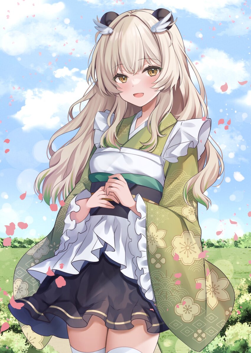 1girl amatsuna_sasaha animal_ears blush breasts brown_eyes commentary_request feather_hair_ornament feathers grasslands hair_between_eyes hair_ornament highres indie_virtual_youtuber light_brown_hair long_sleeves looking_at_viewer maid open_mouth own_hands_together panda_ears petals sky small_breasts solo thighhighs virtual_youtuber wa_maid