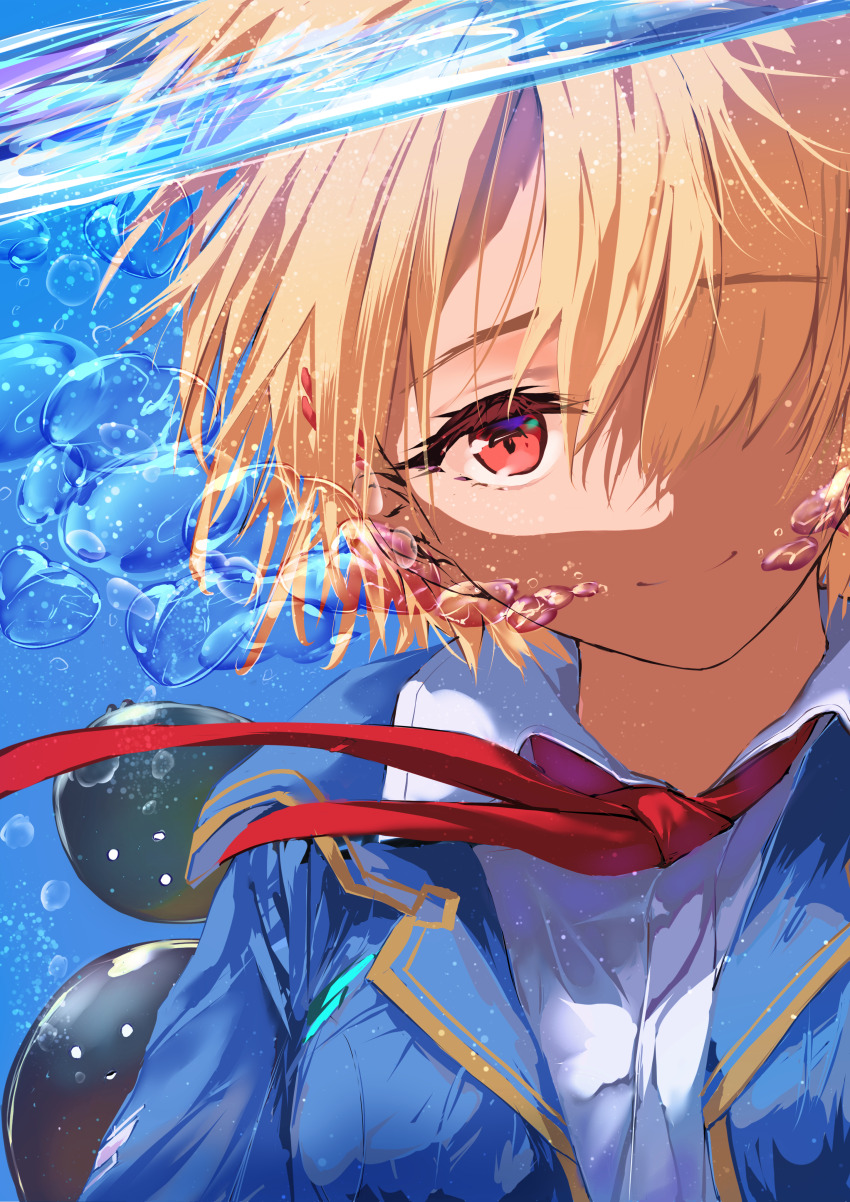 1girl absurdres air_bubble blazer blonde_hair blue_jacket breasts bubble closed_mouth collared_shirt fuuka_koji hair_ornament hair_over_one_eye hairclip heaven_burns_red highres jacket kayamori_ruka looking_at_viewer medium_breasts narvy_(heaven_burns_red) necktie one_eye_covered red_eyes red_necktie school_uniform shirt short_hair smile solo underwater upper_body white_shirt