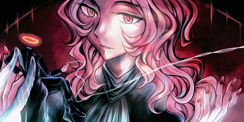 2boys alternate_costume angel_wings ascot black_coat black_pants black_shirt black_shoes bright_pupils chinese_commentary coat commentary_request cross-shaped_pupils curly_hair halo hatsutori_hajime headless highres kuiwen long_hair male_focus multiple_boys no_gloves pants pink_hair red_background red_eyes red_nails saibou_shinkyoku shirt shoes size_difference smoke symbol-shaped_pupils theodore_riddle white_ascot white_pupils white_wings wings