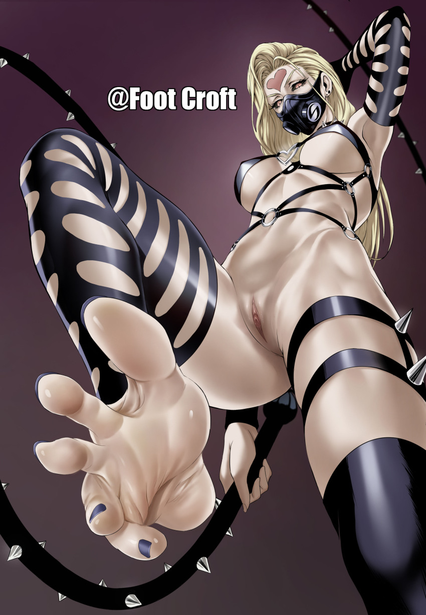 1girl absurdres arm_up armpits barefoot black_nails black_sclera blonde_hair bondage_outfit breasts character_name collar colored_sclera dominatrix elbow_gloves facial_mark feet foot_croft foot_focus forehead_mark foreshortening from_below gloves highres holding holding_whip kaijin_hime_do-s large_breasts long_hair looking_at_viewer looking_down mask mouth_mask nail_polish navel o-ring one-punch_man pussy red_eyes single_thighhigh soles solo spiked_collar spikes thighhighs toenail_polish toenails toes uncensored underboob whip