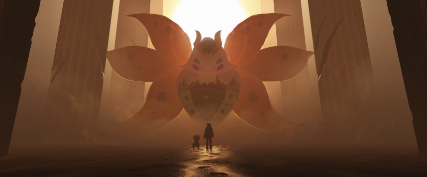 1other absurdres asteroid_ill backlighting bad_id bad_twitter_id crack cranidos footprints gen_4_pokemon gen_5_pokemon highres looking_at_another nintendo pillar pokemon pokemon_(creature) sand silhouette size_difference standing volcarona wide_shot wings