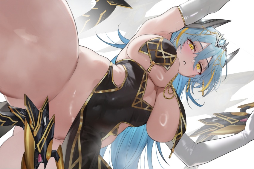 1girl bare_shoulders black_dress blue_hair blush breast_curtains breasts cleavage commission dress elbow_gloves gloves gold_trim highres horns large_breasts long_hair looking_at_viewer no_panties original pelvic_curtain skeb_commission solo tail teddypocky underboob white_gloves yellow_eyes