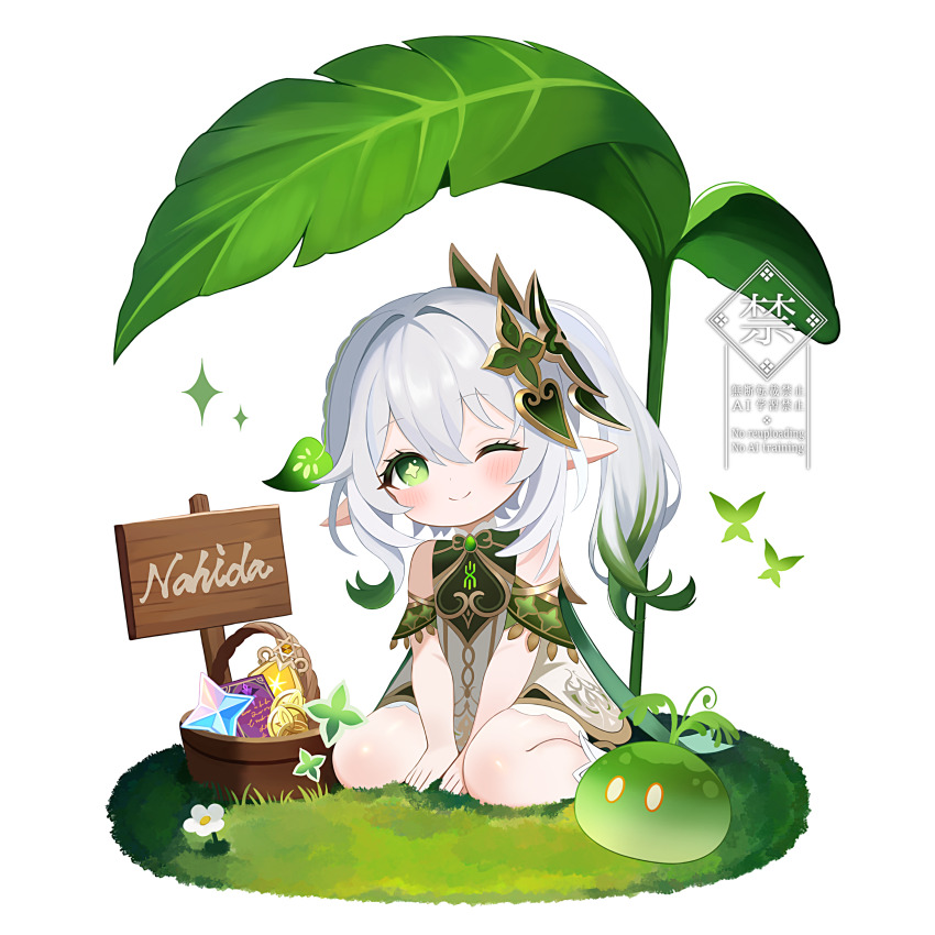 1girl ;) absurdres bare_shoulders basket blush character_name closed_mouth commentary_request commission dendro_slime_(genshin_impact) detached_sleeves dress fuminshou_(nekopan_art) genshin_impact gold_trim gradient_hair grass green_eyes green_hair green_sleeves hair_ornament highres leaf_hair_ornament long_hair looking_at_viewer mora_(genshin_impact) multicolored_hair nahida_(genshin_impact) on_grass one_eye_closed primogem side_ponytail sign sitting skeb_commission sleeveless sleeveless_dress slime_(genshin_impact) smile solo star-shaped_pupils star_(symbol) stella_fortuna symbol-shaped_pupils very_long_hair wariza watermark white_background white_dress white_hair