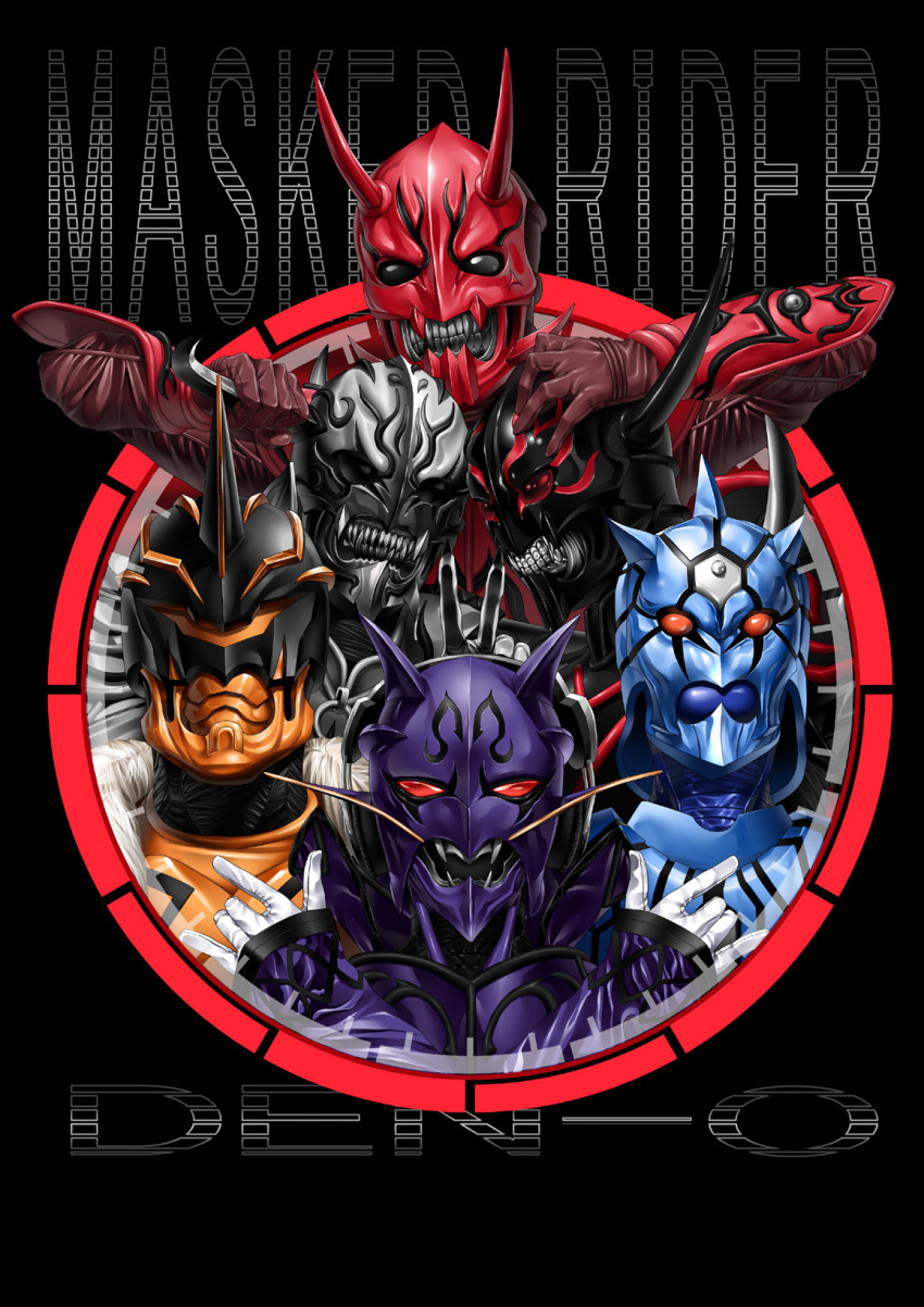 anger_vein angry arm_guards armor black_background black_eyes clenched_teeth gloves hand_on_another&#039;s_head highres horns kamen_rider kamen_rider_den-o_(series) kintaros kintarosu looking_at_viewer momotaros momotarosu negataros negatarosu no_humans orange_eyes parody red_eyes red_gloves ryutaros ryutarosu simple_background suzume_inui teeth upper_body urataros uratarosu white_gloves x_arms