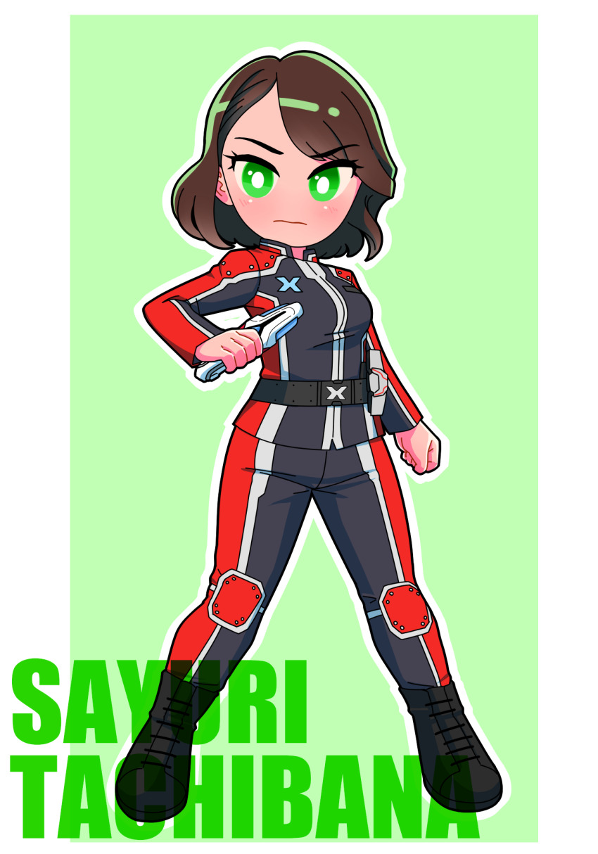 1girl animification belt black_belt black_boots black_jacket black_pants blush boots border breasts bright_pupils brown_hair cellphone character_name clenched_hand closed_mouth commentary evoltruster full_body green_background green_eyes highres holding holding_weapon jacket knee_pads legs_apart long_sleeves looking_at_viewer medium_breasts multicolored_jacket multicolored_pants no_nose pants parted_bangs phone red_jacket red_pants serious short_hair shoulder_pads silver_trim smartphone solo standing tachibana_sayuri tokusatsu tsubasa_(godbardtsubasa) two-tone_jacket two-tone_pants ultra_series ultraman_nexus_(series) ultraman_x_(series) utility_belt weapon white_border white_pupils x_devizer xio_uniform