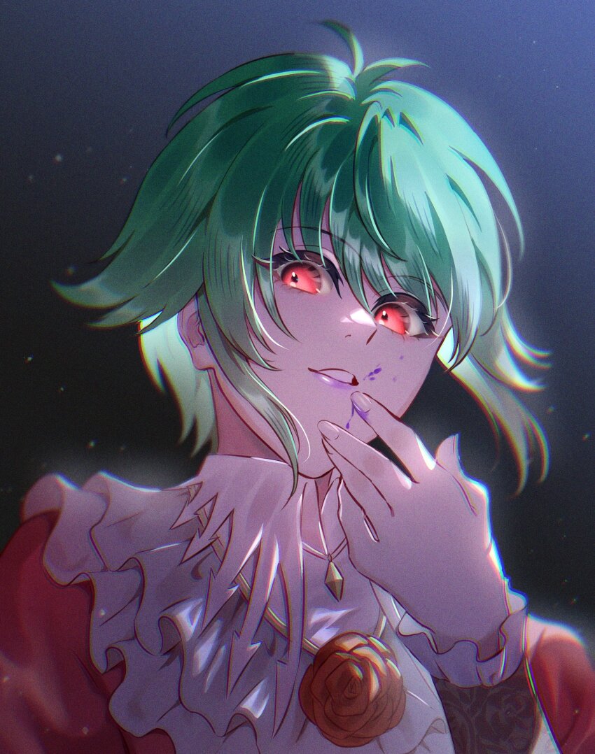 1girl asellus_(saga_frontier) flower frills green_hair highres lips looking_at_viewer red_eyes red_flower red_rose rose saga saga_frontier short_hair smile solo sssss_204
