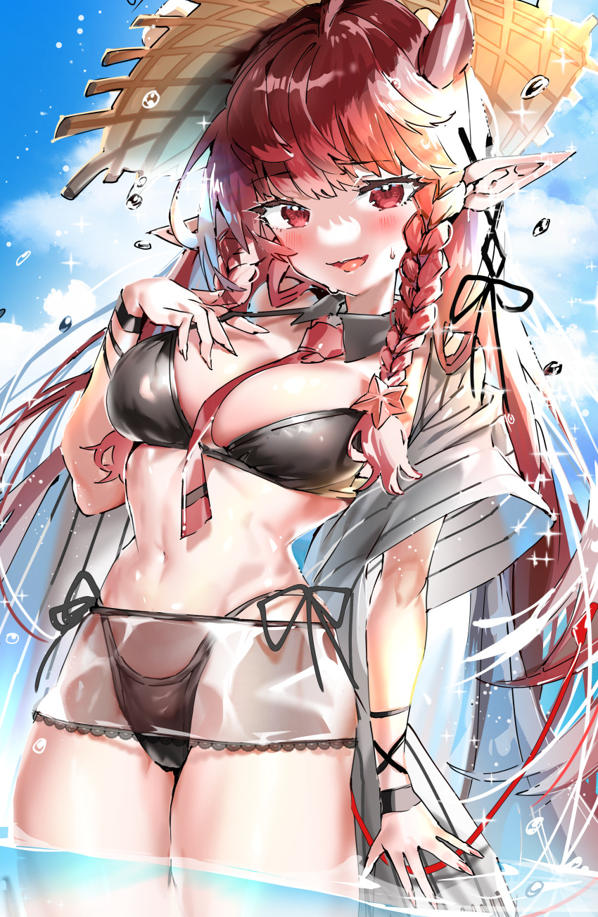 1girl absurdres arknights bikini black_bikini braid breasts brown_hat demon_girl demon_horns demon_tail hat highres horns large_breasts light_blush long_hair looking_at_viewer navel official_alternate_costume open_mouth pointy_ears red_eyes red_hair smile solo stomach straw_hat swimsuit tail tekona0 twin_braids very_long_hair vigna_(arknights) vigna_(casual_vacation)_(arknights) water