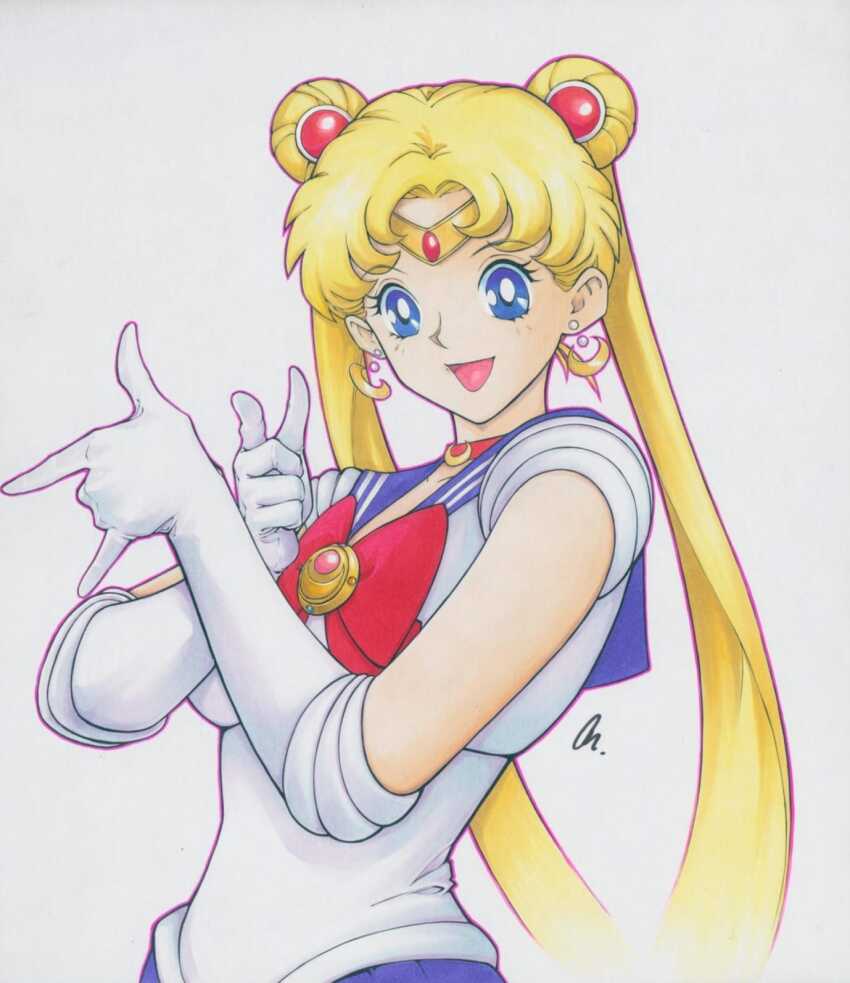 1girl andy_seto bishoujo_senshi_sailor_moon bishoujo_senshi_sailor_moon_(first_season) blonde_hair blue_eyes bow breasts chinese_commentary choker circlet commentary commentary_request crescent crescent_earrings double_bun earrings elbow_gloves english_commentary gloves hair_bun highres jewelry marker_(medium) medium_breasts mixed-language_commentary open_mouth pleated_skirt red_bow red_choker sailor_moon signature skirt smile solo traditional_media tsuki_ni_kawatte_oshioki_yo tsukino_usagi twintails upper_body white_gloves