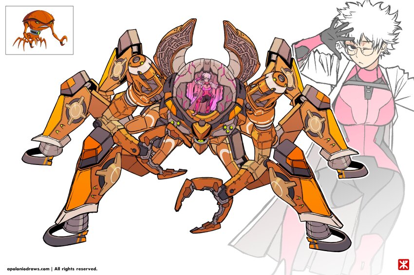 1girl absurdres apoloniodraws arm_up ben_10 ben_10:_alien_force black_eyes brainstorm_(ben_10) breasts claw_(weapon) glasses highres horseshoe mecha mecha_pilot_suit mechanical_legs omnitrix one_eye_closed open_hatch pilot robot scientist short_hair weapon white_hair