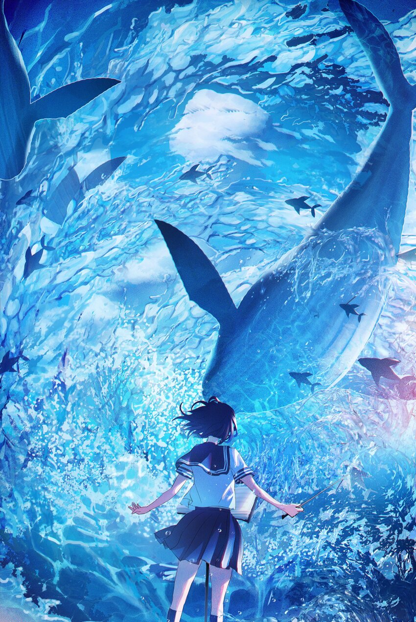 1girl absurdres blue_theme cloud facing_away fish from_behind highres kenzo_093 ocean pleated_skirt sailor_collar scenery school_uniform serafuku shirt short_sleeves skirt sky socks solo standing underwater water whale