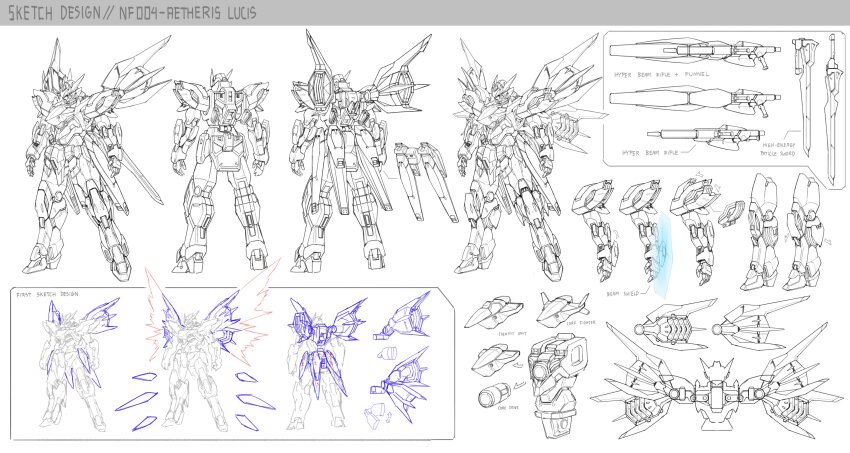 absurdres armor arrow_(symbol) beam_rifle beam_shield commentary concept_art core_fighter energy_gun energy_wings english_commentary english_text heat_sink highres mecha mecha_focus no_humans original partially_colored remote_weapon_system robot shield shoulder_armor simple_background sword thrusters weapon zen_(jirakun)
