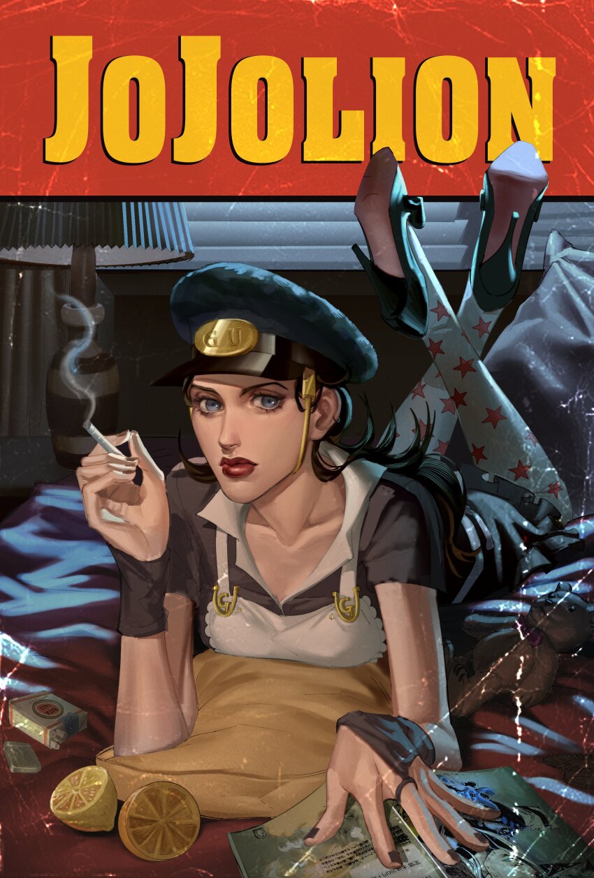 1girl absurdres apron artist_request black_hair black_nails blue_eyes cigarette food fruit hat highres holding holding_cigarette jojo_no_kimyou_na_bouken jojolion lamp legs_up long_hair looking_at_viewer lying nail_polish nijimura_kei on_stomach parody pulp_fiction red_lips smoke solo star_(symbol) star_print stuffed_animal stuffed_toy teddy_bear the_pose white_apron