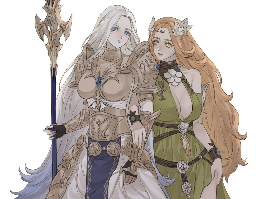 2girls armor astraea_010 black_gloves blue_eyes boobplate breastplate breasts bright_pupils circlet cleavage_cutout clothing_cutout cowboy_shot dress final_fantasy final_fantasy_xiv fingerless_gloves gloves green_dress green_eyes halone highres holding holding_polearm holding_weapon long_hair looking_at_viewer multiple_girls no_headwear nophica orange_hair parted_lips pauldrons polearm shoulder_armor shoulder_cutout simple_background skirt standing vambraces weapon white_background white_hair white_pupils white_skirt
