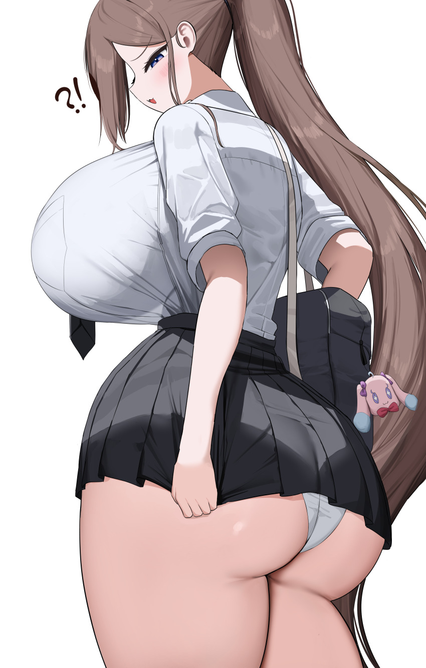 !? 1girl absurdres ass bag bag_charm black_skirt blush breasts brown_eyes brown_hair charm_(object) commentary_request highres huge_breasts long_hair microskirt nicorima original panties pleated_skirt ponytail school_bag school_uniform shirt short_sleeves sidelocks simple_background skirt solo standing tented_shirt thighs underwear variant_set white_background white_panties white_shirt