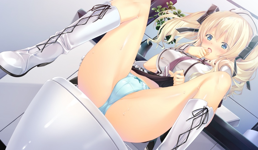 1girl ashishun blonde_hair blue_eyes blue_panties blush boots bow bow_panties dutch_angle female_focus game_cg hair_ribbon hand_to_own_mouth highres indoors long_hair official_art open_mouth ouchi_ni_kaeru_made_ga_mashimaro_desu panties raiha_raikkonen raiha_ru00e4ikku00f6nen ribbon sitting skirt solo spread_legs sweat toilet twintails underwear white_boots