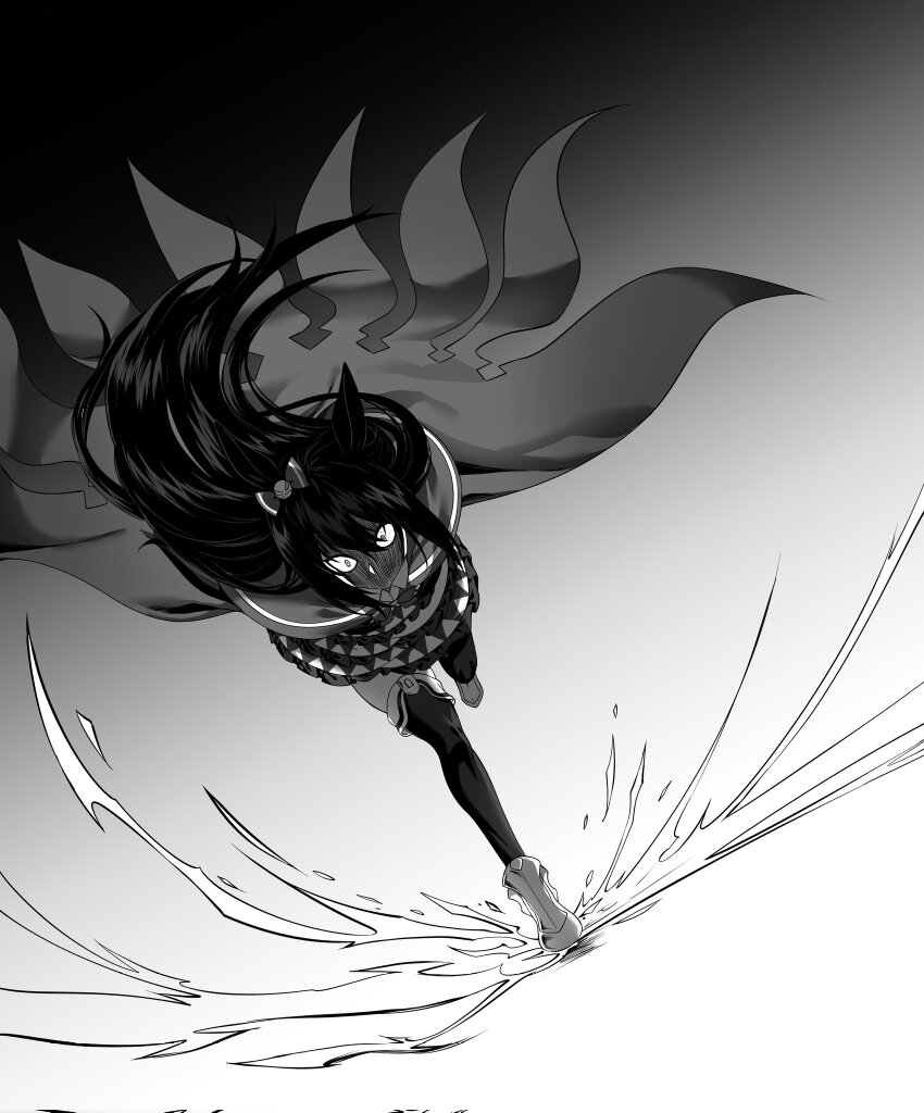 1girl animal_ears blank_eyes boots bow cloak commentary deep_impact_(umamusume) ear_bow fukuro_(maruaru00) greyscale highres horse_ears horse_girl long_hair monochrome scene_reference solo thighhighs thighhighs_under_boots umamusume umamusume:_cinderella_gray very_long_hair