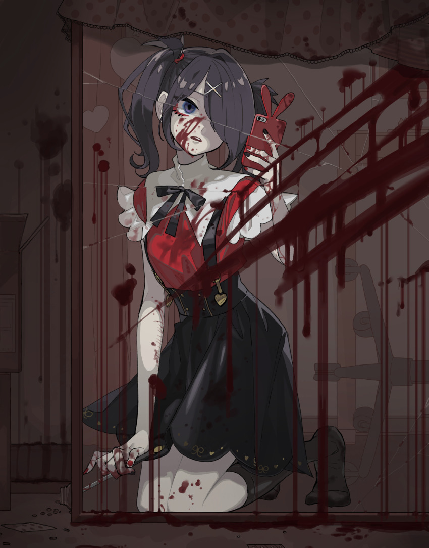 1girl ame-chan_(needy_girl_overdose) black_eyes black_hair black_nails black_ribbon black_skirt black_socks blister_pack blood blood_on_arm blood_on_clothes blood_on_face blood_on_hands blood_on_leg blood_on_mirror blood_on_wall box box_stack boxcutter broken_mirror cardboard_box cellphone chair commentary_request crack cracked_glass cuts d: desk eyelashes fingernails hair_ornament hair_over_one_eye hand_up heart high-waist_skirt highres holding holding_boxcutter holding_phone indoors injury kneehighs kneeling medium_hair medium_skirt mirror monitor nail_polish needy_girl_overdose office_chair open_mouth phone pill pill_bottle red_nails red_shirt reflection ribbon self-harm_scar shirt skirt smartphone smartphone_case socks solo suspender_skirt suspenders swivel_chair teeth twintails two-tone_nails upper_teeth_only x_hair_ornament yoshioka_suke
