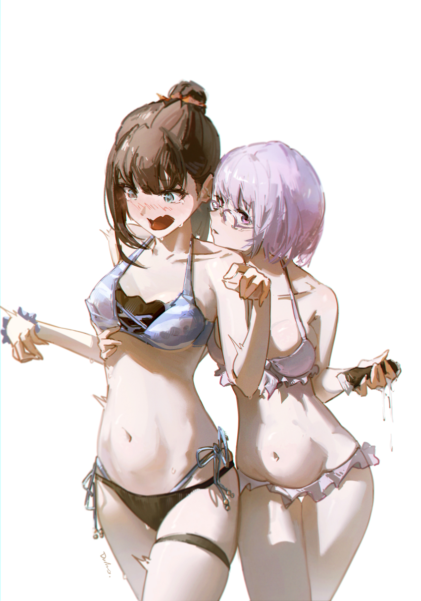 2girls absurdres bikini breasts cleavage collarbone dudrinm glasses gridman_universe highres lowleg lowleg_bikini multi-strapped_bikini_bottom multiple_girls shinjou_akane signature simple_background ssss.gridman swimsuit takarada_rikka thigh_strap white_background