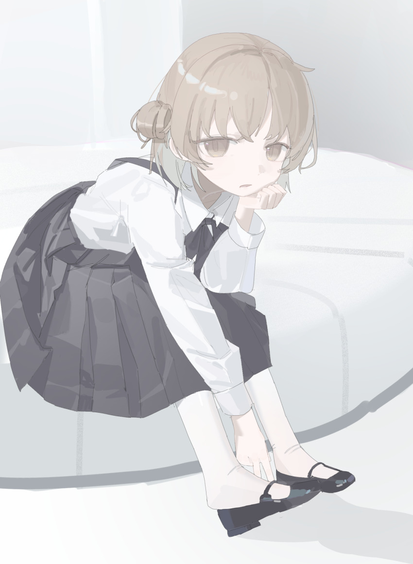 1girl ar2a black_bow black_bowtie black_skirt bow bowtie brown_eyes brown_hair collared_shirt elbow_rest hair_bun hatoba_tsugu head_rest highres indoors long_sleeves looking_at_viewer mary_janes pantyhose pleated_skirt shirt shoes short_hair side_up_bun single_hair_bun sitting skirt solo suspender_skirt suspenders tsugu_(vtuber) virtual_youtuber white_pantyhose white_shirt