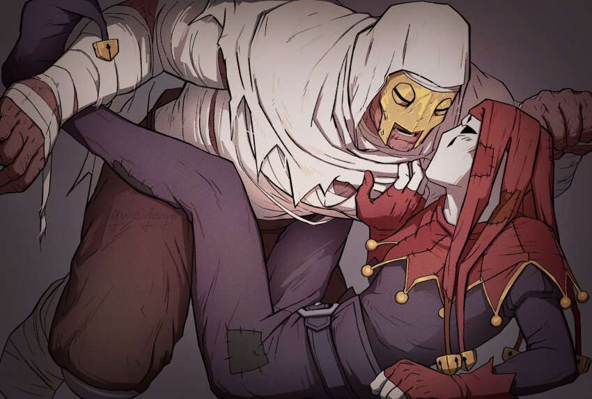 2boys absurdres arm_support arm_up bandaged_arm bandaged_chest bandages bell belt black_belt black_eyes black_pants black_shirt brown_pants capelet clenched_hand commentary cracked_skin darkest_dungeon eye_contact fingerless_gloves gloves gwahaeyo half_mask hand_on_another&#039;s_chest hat highres hood hood_up hooded_capelet jester_(darkest_dungeon) jester_cap kneeling korean_commentary legs_up leper_(darkest_dungeon) long_sleeves looking_at_another lying male_focus mask multiple_boys no_pupils on_back open_mouth pants patchwork_clothes pointy_footwear red_gloves red_hat shirt spread_legs teeth white_capelet white_hood white_mask yellow_mask