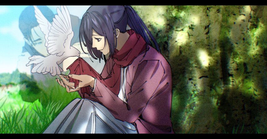1boy 1girl 35ohama_yu bird black_border blue_eyes blue_hair blue_skirt border eren_yeager highres jacket long_hair mikasa_ackerman pink_jacket ponytail red_scarf scarf shingeki_no_kyojin shirt sitting skirt white_bird white_shirt