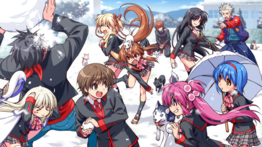 4boys 6+girls belka black_hair blonde_hair blue_eyes blue_hair bow breasts brown_eyes brown_hair cape cat cleavage dog everyone hair_bobbles hair_ornament hair_ribbon hairband hat highres in_the_face inohara_masato japanese_clothes kamikita_komari kurugaya_yuiko lennon little_busters! long_hair medium_breasts miyazawa_kengo multiple_boys multiple_girls naoe_riki natsume_kyousuke natsume_rin nishizono_mio noumi_kudryavka open_mouth pink_bow plaid_clothes plaid_skirt ponytail purple_eyes purple_hair red_eyes ribbon saigusa_haruka scarf school_uniform short_hair side_ponytail silver_hair skirt smile snow snowball snowball_fight strelka striped_legwear thighhighs twintails umbrella winter zen