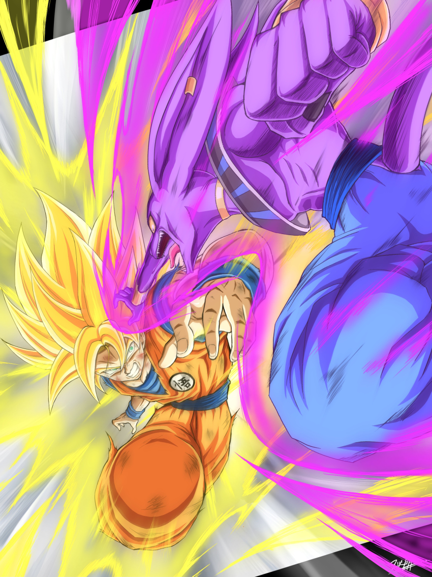 2boys absurdres animal_ears aura battle beerus blonde_hair blue_pants blue_shirt cat_boy cat_ears clenched_hand clenched_teeth colored_skin dougi dragon_ball dragon_ball_z_kami_to_kami dragonball_z duel fuzitaro_goku green_eyes hashtag-only_commentary highres looking_at_another male_focus medium_hair multiple_boys muscular muscular_male open_mouth orange_pants orange_shirt pants pointy_ears purple_skin sharp_teeth shirt son_goku spiked_hair super_saiyan super_saiyan_1 tail teeth tongue wristband