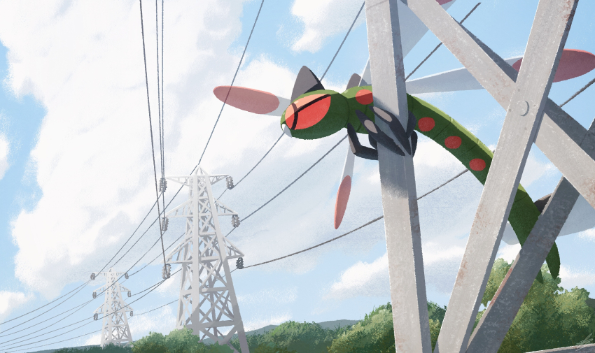 animal_focus blue_sky bug cable cloud commentary_request day ewokakukaede gen_4_pokemon highres insect_wings nintendo no_humans outdoors pokemon pokemon_(creature) pokemon_focus red_eyes sky solo transmission_tower wings yanmega