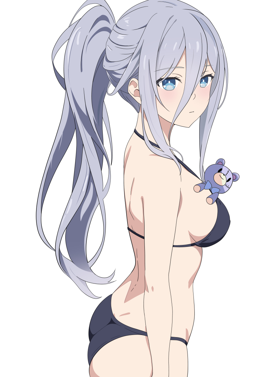 1girl absurdres bikini black_bikini blue_eyes breasts closed_mouth commentary_request date_a_live grey_hair hair_between_eyes highres long_hair looking_at_viewer medium_breasts murasame_reine simple_background solo string_bikini stuffed_animal stuffed_toy swimsuit teddy_bear underwear underwear_only wen_yi_(user_yczf3785) white_background