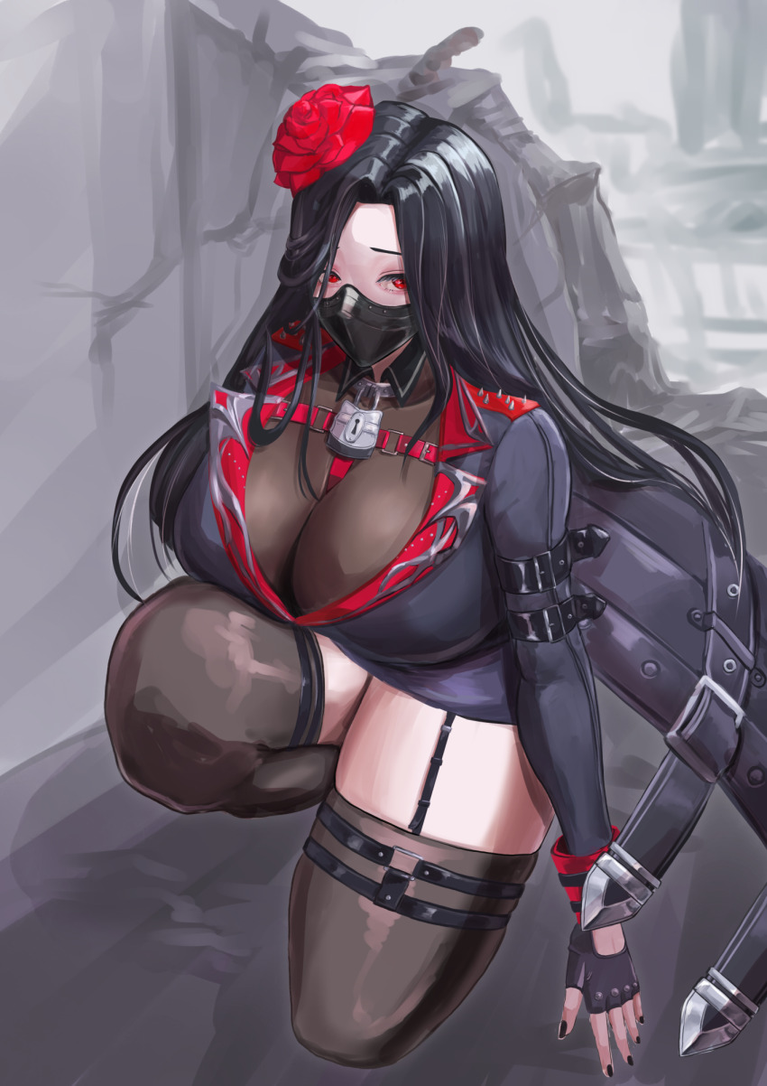1girl ankoh between_breasts black_garter_straps black_gloves black_hair black_jacket black_nails breasts brown_thighhighs cleavage fingerless_gloves flower garter_straps gloves goddess_of_victory:_nikke highres huge_breasts jacket lock long_hair long_sleeves looking_at_viewer maiden_(nikke) mask mouth_mask nail_polish red_eyes red_flower red_rose rose solo thighhighs