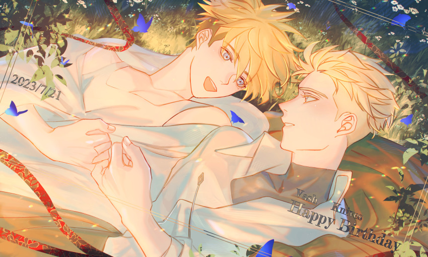 2boys absurdres blonde_hair brothers collarbone dated grass grey_eyes highres lying male_focus millions_knives mole mole_under_eye multiple_boys on_back open_mouth pinky_swear siblings trigun trigun_stampede turtleneck vash_the_stampede yakikesen