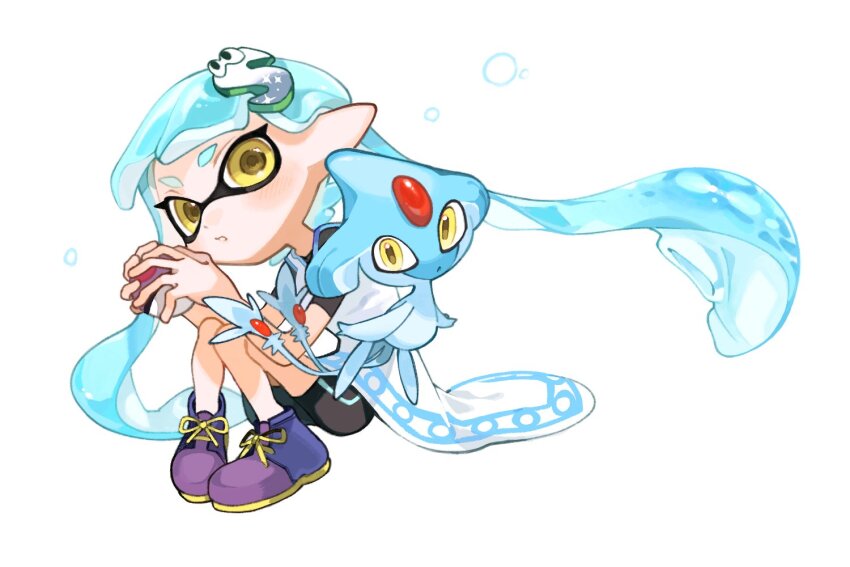 1girl azelf bike_shorts blue_hair blush closed_mouth eyelashes forehead_jewel full_body gen_4_pokemon hair_ornament hairclip holding holding_poke_ball inkling inkling_girl inkling_player_character legendary_pokemon long_hair master_ball nintendo pointy_ears poke_ball pokemon pokemon_(creature) purple_footwear shoes simple_background sitting spl8ya splatoon_(series) tentacle_hair thick_eyebrows white_background yellow_eyes