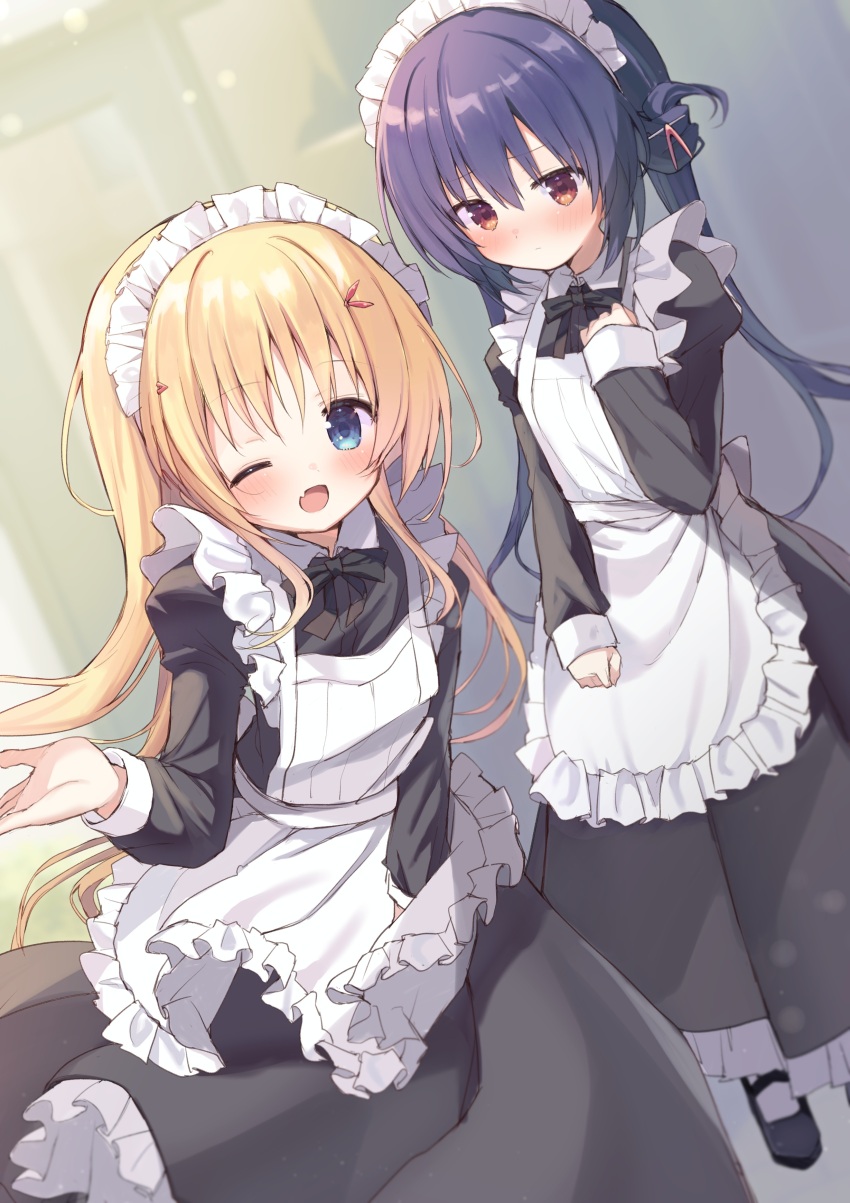absurdres apron black_dress blonde_hair blue_eyes blue_hair character_request closed_mouth clover_days dot_mouth dress frilled_apron frills highres juliet_sleeves long_hair long_sleeves looking_at_viewer maid maid_apron maid_headdress one_eye_closed open_mouth puffy_sleeves red_eyes takepoison twintails white_apron