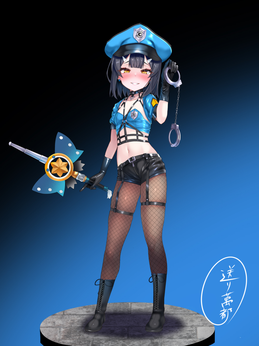 1girl alternate_costume belt black_belt black_gloves black_hair black_shorts blue_shirt blush boots breasts crop_top cropped_shirt cuffs earrings fate/kaleid_liner_prisma_illya fate_(series) fishnet_thighhighs fishnets full_body garter_straps gloves grin hair_between_eyes hair_ornament hairclip half-closed_eyes hand_up handcuffs hat highres holding holding_handcuffs jewelry legs_apart magical_sapphire medium_hair micro_shorts midriff miyu_edelfelt naughty_face navel o-ring o-ring_strap okuri_banto orange_eyes police police_badge police_hat police_uniform policewoman revealing_clothes shirt shorts skindentation small_breasts smile standing stomach thigh_strap thighhighs yellow_eyes