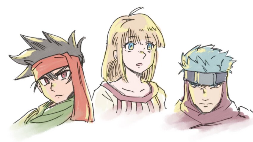 1girl 2boys ahoge arc_the_lad_ii black_hair blonde_hair closed_mouth collarbone elc_(arc_the_lad) headband lieza_(arc_the_lad) long_hair looking_at_viewer multiple_boys ninja open_mouth red_headband shu_(arc_the_lad) simple_background white_background yutarou