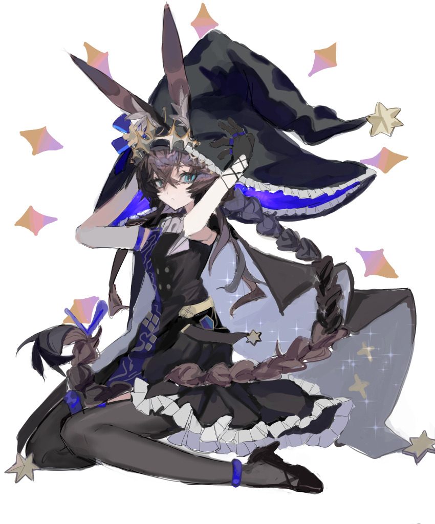 1girl absurdres ambience_synesthesia amiya_(arknights) amiya_(medic)_(arknights) amiya_(medic)_(solo_around_the_world)_(arknights) animal_ears anklet arknights armlet arms_up black_dress black_gloves black_hat black_pantyhose black_shoes blue_eyes braid brown_hair chinese_commentary closed_mouth commentary_request crossed_bangs dress ears_through_headwear expressionless full_body gloves hair_between_eyes hands_on_headwear hat higgs_boshaizi highres jewelry long_hair looking_at_viewer official_alternate_costume pantyhose purple_hat shoes simple_background sitting sketch solo two-sided_fabric two-sided_headwear white_background witch_hat