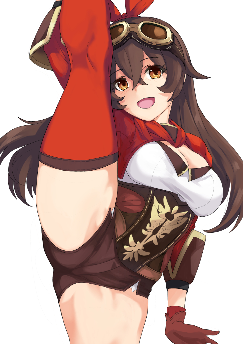 1girl absurdres amber_(genshin_impact) belt blush breasts brown_eyes brown_hair brown_shorts cleavage cropped_jacket crossed_bangs genshin_impact gloves goggles goggles_on_head hair_between_eyes hair_ribbon highres jacket large_breasts leg_lift leg_up long_hair looking_at_viewer red_gloves red_jacket red_ribbon red_thighhighs ribbon saruanu short_shorts shorts shrug_(clothing) simple_background smile split standing standing_on_one_leg standing_split thighhighs thighs white_background