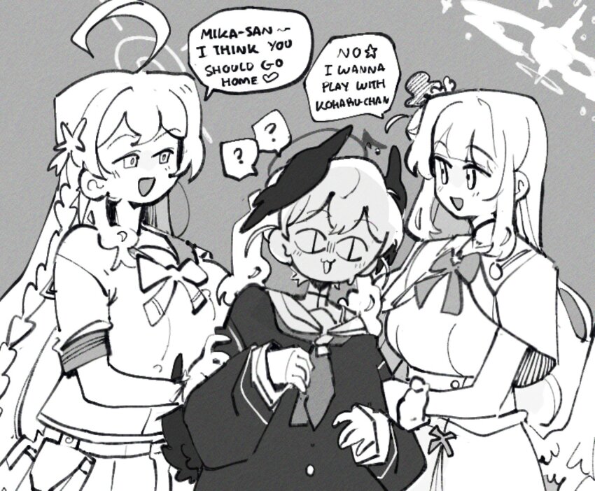 &lt;|&gt;_&lt;|&gt; 3girls ? ahoge blue_archive bow bowtie capelet dress english_text grabbing_another&#039;s_arm greyscale halo hanako_(blue_archive) head_wings highres kinzaibatsu91 koharu_(blue_archive) long_hair long_sleeves looking_at_another low_wings mika_(blue_archive) monochrome multiple_girls neckerchief open_mouth scrunchie shirt short_sleeves smile speech_bubble spoken_question_mark wings wrist_scrunchie