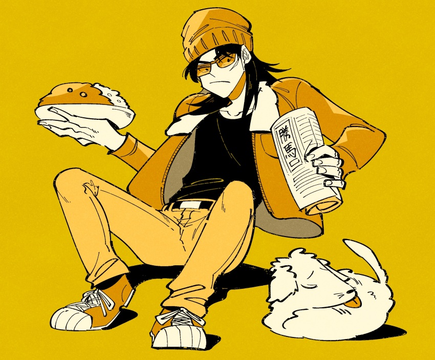 1boy beanie belt bomber_jacket closed_mouth commentary_request curry curry_rice dog facial_scar food frown full_body hat highres holding holding_newspaper holding_plate inudori itou_kaiji jacket kaiji long_hair looking_at_animal looking_to_the_side male_focus monochrome newspaper open_clothes open_jacket pants plate rice rolled_up_newspaper scar scar_on_cheek scar_on_face shirt shoes sneakers solo standing sunglasses yellow_theme