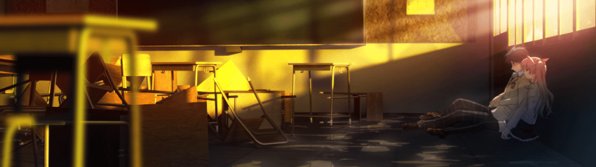 1boy 1girl 3d_background arms_around_waist between_legs black_thighhighs blazer blue_hair blurry blurry_foreground bow broken_glass broken_window brown_jacket chair chalkboard chaos;head chaos;head_love_chu_chu! classroom collared_shirt couple depressed desk ears_visible_through_hair earthquake full_body game_cg glass grey_eyes hair_bow hetero highres hug hug_from_behind indoors jacket lapels long_hair long_sleeves looking_at_another looking_down loose_necktie matsuo_yukihiro narrowed_eyes necktie nishijou_takumi non-web_source notched_lapels official_art on_floor one_side_up open_collar pants pink_bow pink_hair plaid_clothes plaid_necktie plaid_pants plaid_skirt purple_pants red_trim sad sakihata_rimi school school_chair school_desk school_emblem school_uniform shirt short_hair side_ponytail sitting skirt spread_legs suimei_academy suimei_school_uniform sunlight sunset thighhighs thighs white_petticoat white_shirt window zettai_ryouiki