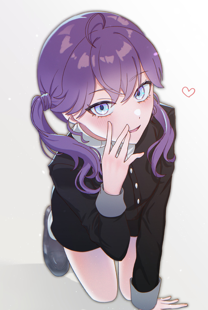 1girl absurdres ahoge all_fours black_jacket black_skirt blush commentary flaw_(4lmnis) gakuen_idolmaster gokugetsu_academy_school_uniform heart highres idolmaster jacket kaya_rinha long_hair long_sleeves looking_at_viewer purple_hair school_uniform shirt skirt smile solo twintails white_shirt
