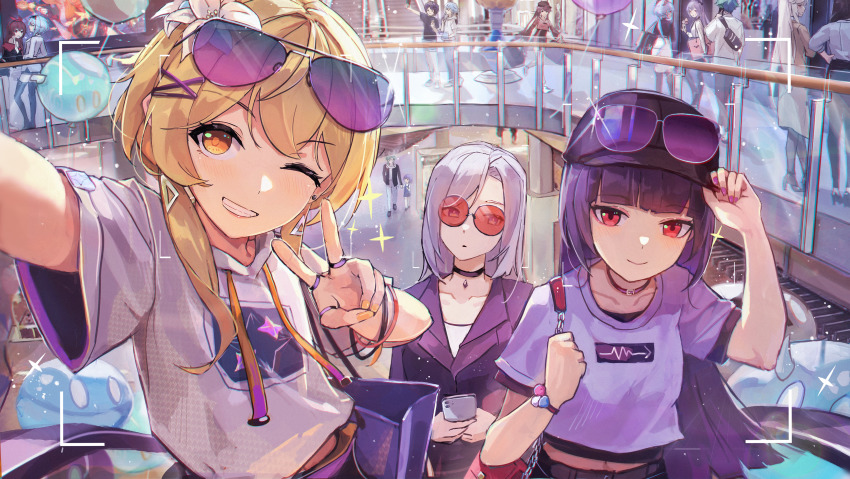 6+girls absurdres alternate_costume amber_(genshin_impact) bag beidou_(genshin_impact) blonde_hair blue_hair brown_coat choker closed_mouth coat collarbone eula_(genshin_impact) eyewear_on_head flower ganyu_(genshin_impact) genshin_impact grey_hair hair_flower hair_ornament hat highres hu_tao_(genshin_impact) indoors keqing_(genshin_impact) long_hair looking_at_viewer lumine_(genshin_impact) mall medium_hair multiple_girls ningguang_(genshin_impact) one_eye_closed orange_eyes parted_lips purple_hair purple_headwear red_eyes revision shenhe_(genshin_impact) short_sleeves skirt slime_(genshin_impact) smile sunglasses v white_skirt xude yun_jin_(genshin_impact)