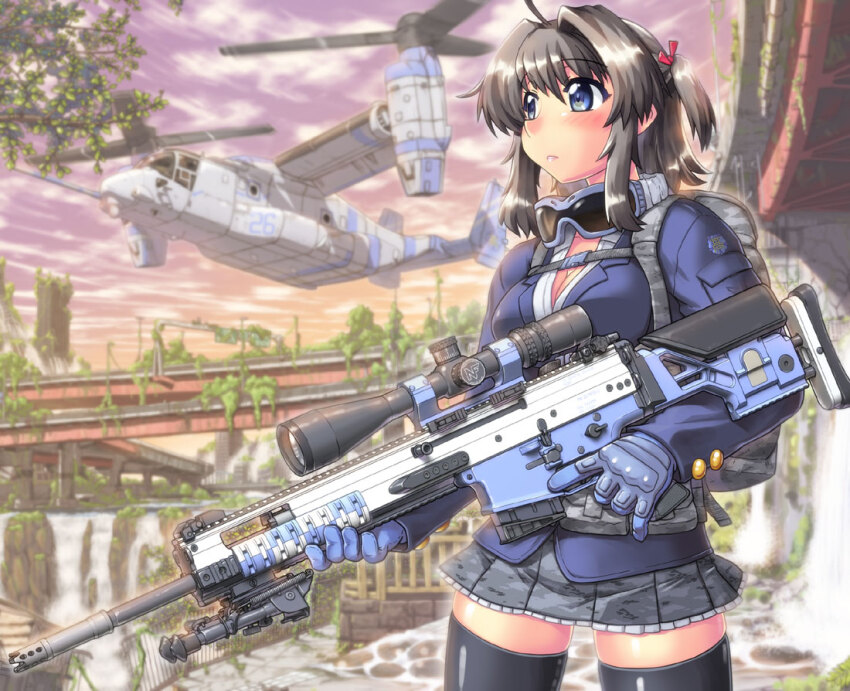 1girl ahoge aircraft anti-materiel_rifle backpack bag bipod black_hair black_thighhighs blue_eyes blue_gloves blue_jacket blurry blurry_background breasts bridge cleavage commentary cowboy_shot frown gloves goggles goggles_around_neck gun hair_intakes hase_yu hashtag-only_commentary helicopter jacket left-handed medium_breasts miniskirt original overgrown pleated_skirt post-apocalypse rifle school_uniform sidelocks skirt sniper_rifle solo thighhighs tree two_side_up weapon