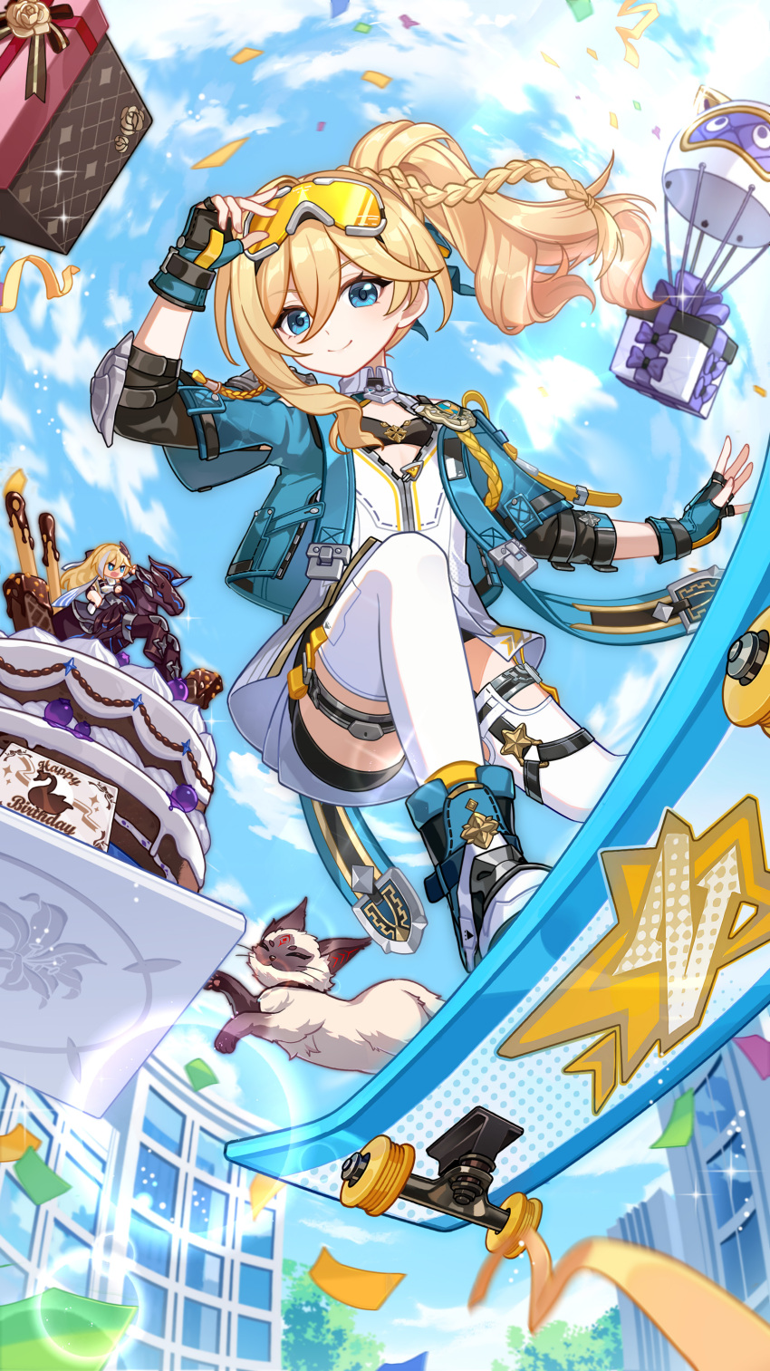 1girl absurdres aged_down aqua_jacket birthday_cake black_bra black_gloves black_shorts blonde_hair blue_eyes blue_sky box bra cake cake_decoration cat chinese_commentary cloud commentary_request durandal_(honkai_impact) durandal_(palatinus_equinox)_(honkai_impact) durandal_(reign_solaris)_(honkai_impact) fingerless_gloves food gift gift_box gloves goggles goggles_on_head highres honkai_(series) honkai_impact_3rd horseback_riding jacket long_hair meme official_art riding shirt shorts skateboard skating sky smile stan_(honkai_impact) theresa_apocalypse theresa_apocalypse_(schicksal&#039;s_imperative) thighhighs underwear white_shirt white_thighhighs